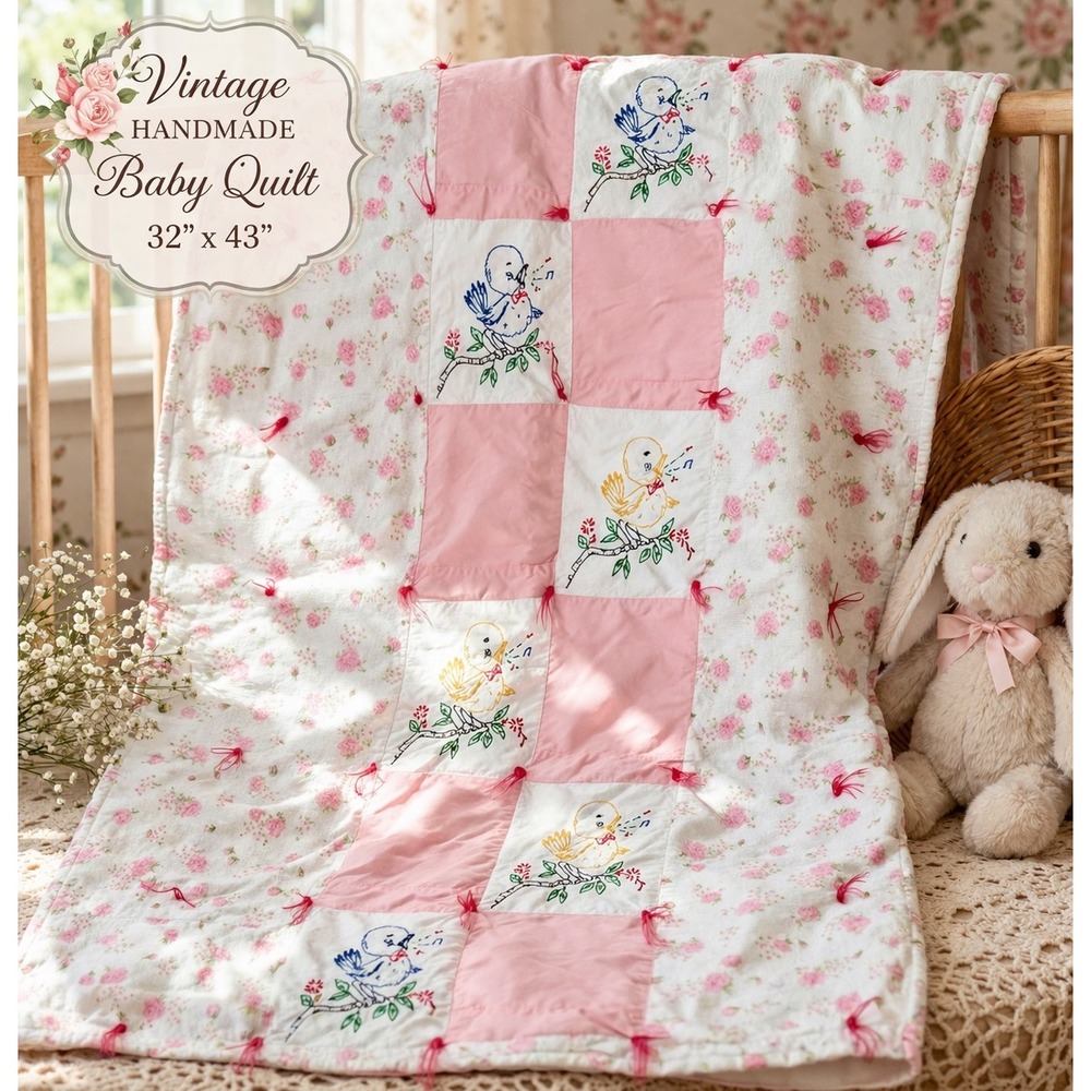 Vintage Baby Quilt Pink Floral Embroidered Song Birds Cottagecore Nursery 32x43